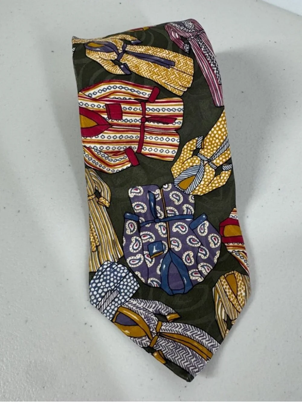 Charleston The Rack Silk Colorful Robes Patterned Necktie Olive Novelty Print